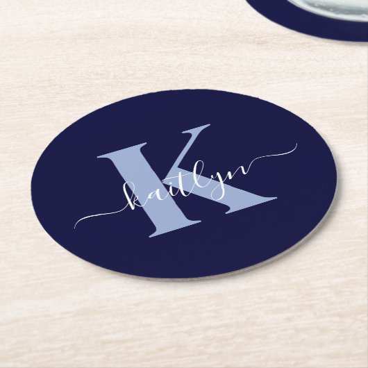 Modern Navy Blue Script Monogram Ronde Kartonnen Onderzetter (Gebogen)