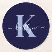 Modern Navy Blue Script Monogram Ronde Kartonnen Onderzetter (Voorkant)
