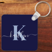 Modern Navy Blue Script Monogram Sleutelhanger (Achterkant)