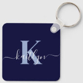Modern Navy Blue Script Monogram Sleutelhanger (Achterkant)