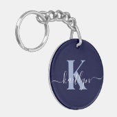 Modern Navy Blue Script Monogram Sleutelhanger (Voorkant Links)