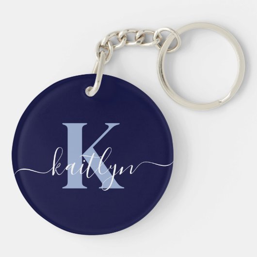 Modern Navy Blue Script Monogram Sleutelhanger (Achterkant)