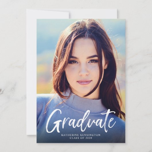 Modern Navy Blue Script Photo Afstuderen Aankondiging (Voorkant)