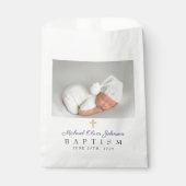 Modern Navy Blue Script Photo Baptisme Bedankzakje (Voorkant)