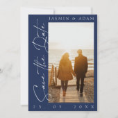 Modern Navy Blue Script Photo Wedding Save The Date (Voorkant)