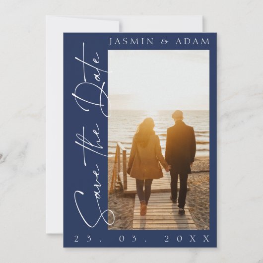 Modern Navy Blue Script Photo Wedding Save The Date (Voorkant)
