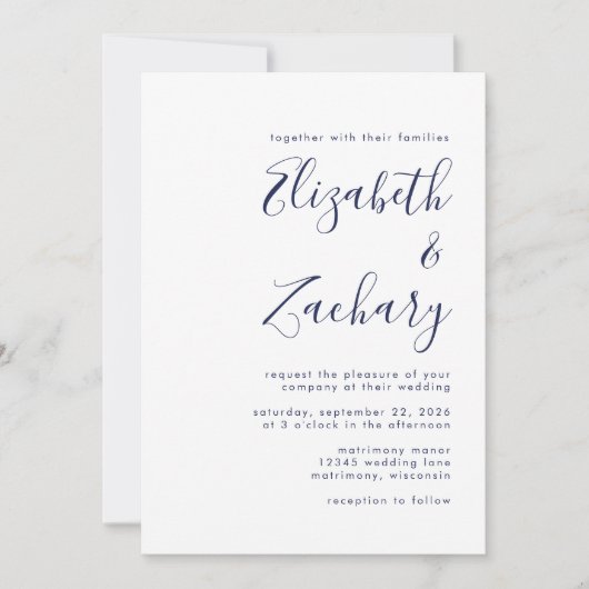 Modern Navy Blue Script Wedding Kaart (Voorkant)