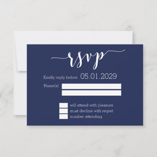 Modern Navy Blue Script Wedding RSVP Card (Voorkant)