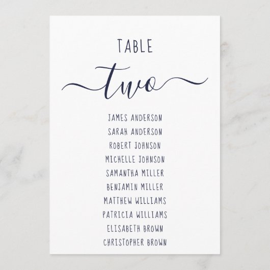 Modern  Navy Blue Script White Seating Chart Card (Achterkant)