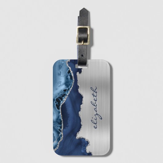 Modern Navy Blue Silver Agate Metallic Bagagelabel (Voorkant (verticaal))