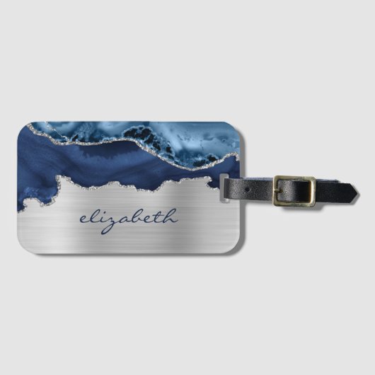 Modern Navy Blue Silver Agate Metallic Bagagelabel (Voorkant (horizontaal))