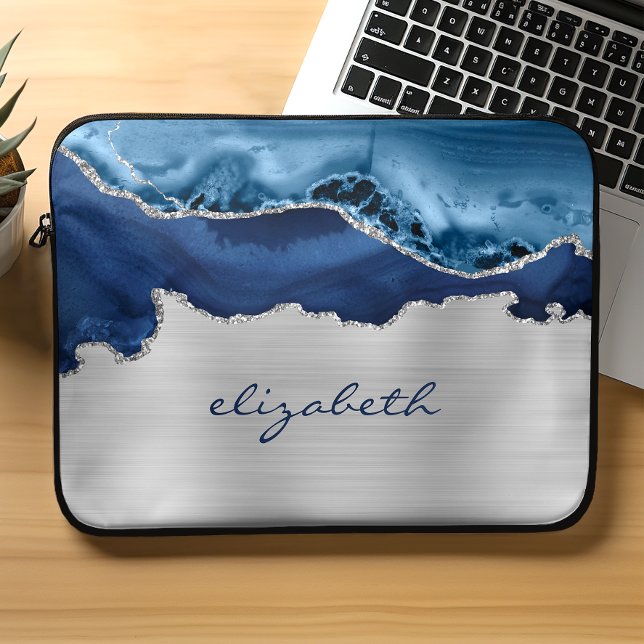 Modern Navy Blue Silver Agate Metallic Laptop Sleeve (Creator heeft geüpload)