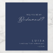 Modern Navy Blue | Silver Bridesmaid-voorstel Wijn Etiket (Enkel label)