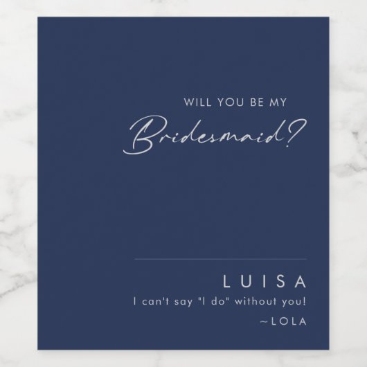 Modern Navy Blue | Silver Bridesmaid-voorstel Wijn Etiket (Enkel label)