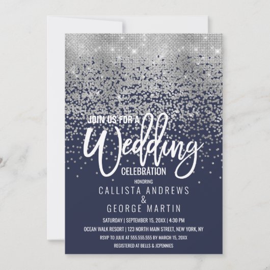 Modern Navy Blue Silver Glitter Confetti bruiloft Kaart (Voorkant)
