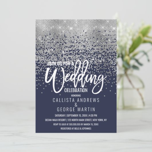 Modern Navy Blue Silver Glitter Confetti bruiloft Kaart (Staand voorkant)