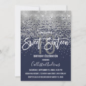 Modern Navy Blue Silver Glitter Confetti Sweet 16 Kaart (Voorkant)
