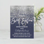 Modern Navy Blue Silver Glitter Confetti Sweet 16 Kaart (Staand voorkant)