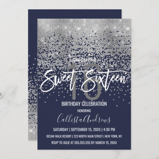 Modern Navy Blue Silver Glitter Confetti Sweet 16 Kaart (Voorkant / Achterkant)