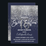 Modern Navy Blue Silver Glitter Confetti Sweet 16 Kaart<br><div class="desc">Deze chique en glamoureuze Sweet 16 Invitation is een trendy en modieus ontwerp met een faux-geprinte girly sparkly silver glitter-pakking, abstracte confetti ombre-gradiënt bovenop een marineblauwe achtergrond. Het is ideaal voor het moderne en elegante verjaardagsmeisje met zijn eenvoudige print en artsy witte penseelstreek aangepaste typografie. Pas de kleur van de...</div>