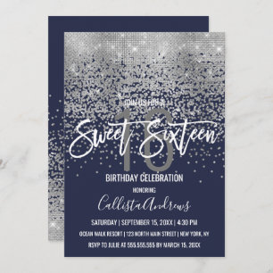 Modern Navy Blue Silver Glitter Confetti Sweet 16 Kaart