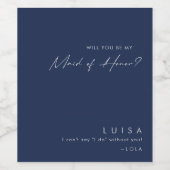 Modern Navy Blue | Silver Maid of Honor proposal Wijn Etiket (Enkel label)