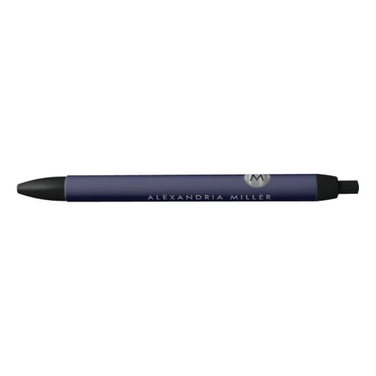 Modern Navy Blue Silver Monogram Zwarte Inkt Pen (Voorkant)