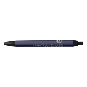 Modern Navy Blue Silver Monogram Zwarte Inkt Pen