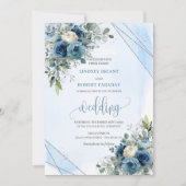 Modern Navy Blue Silver Roses Wedding Invitation Kaart (Voorkant)