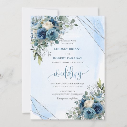 Modern Navy Blue Silver Roses Wedding Invitation Kaart (Voorkant)