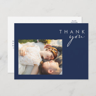 Modern Navy Blue   Silver Script Foto bedankt Briefkaart