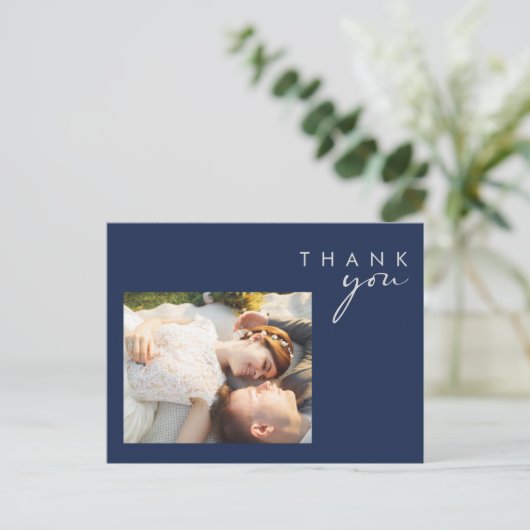 Modern Navy Blue | Silver Script Foto bedankt Briefkaart (Staand voorkant)