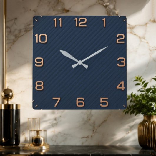 Modern Navy Blue Square Minimalist Rose Gold Vierkante Klok
