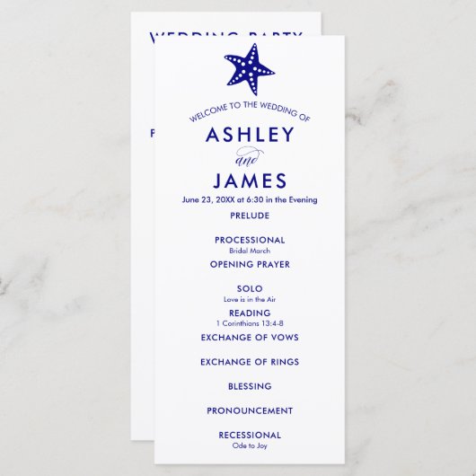 Modern Navy Blue Starfish bruiloft ceremonie progr Programmakaart (Voorkant / Achterkant)