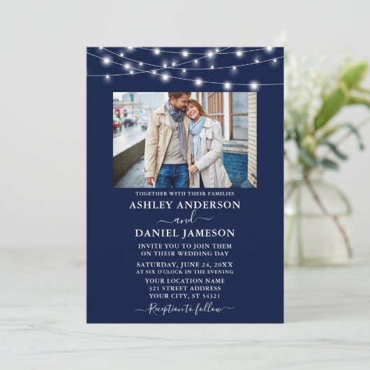Modern Navy Blue String Lights Photo Wedding Kaart (Staand voorkant)