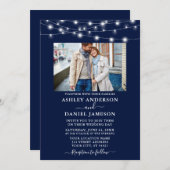 Modern Navy Blue String Lights Photo Wedding Kaart (Voorkant / Achterkant)