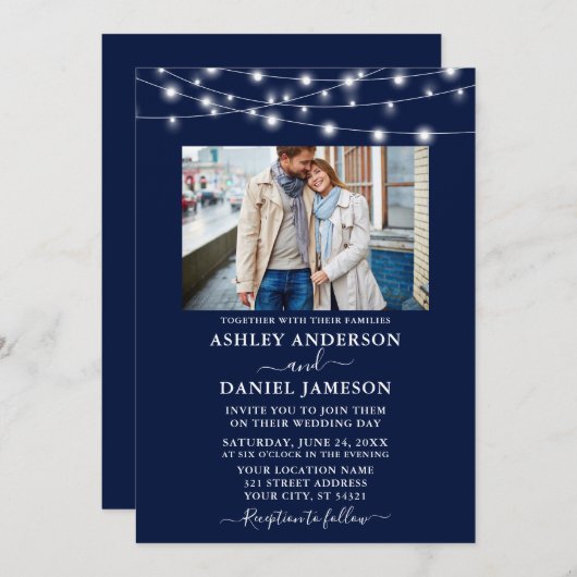 Modern Navy Blue String Lights Photo Wedding Kaart (Voorkant / Achterkant)