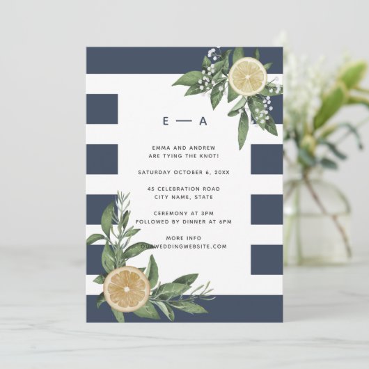 Modern Navy Blue Stripe Waterverf Lemon Kaart (Staand voorkant)