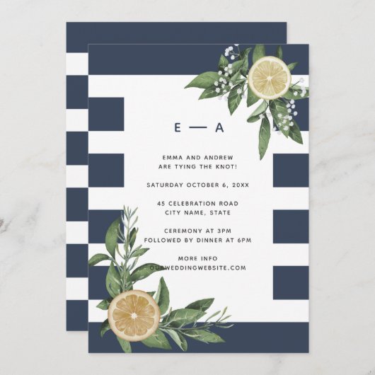 Modern Navy Blue Stripe Waterverf Lemon Kaart (Voorkant / Achterkant)