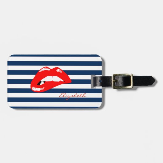 Modern Navy Blue Striped - Red Lips, op maat gemaa Bagagelabel (Voorkant horizontaal)