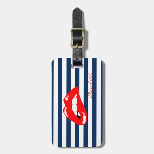 Modern Navy Blue Striped - Red Lips, op maat gemaa Bagagelabel (Voorkant verticaal)