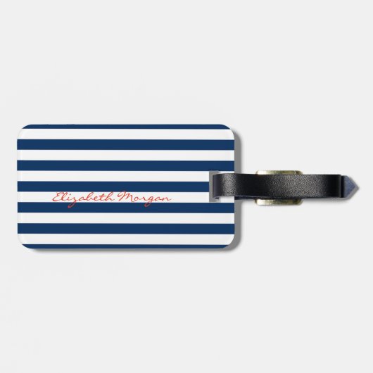 Modern Navy Blue Striped - Red Lips, op maat gemaa Bagagelabel (Achterkant horizontaal)