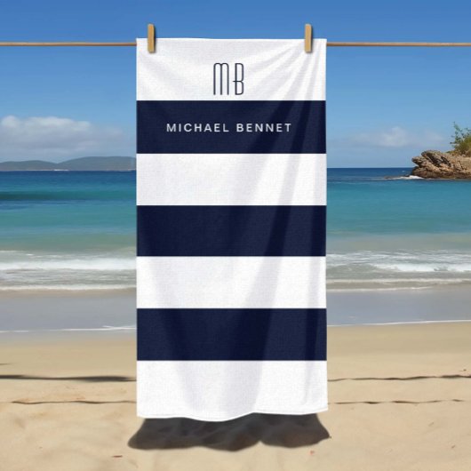 Modern Navy Blue Stripes Monogram Strandlaken