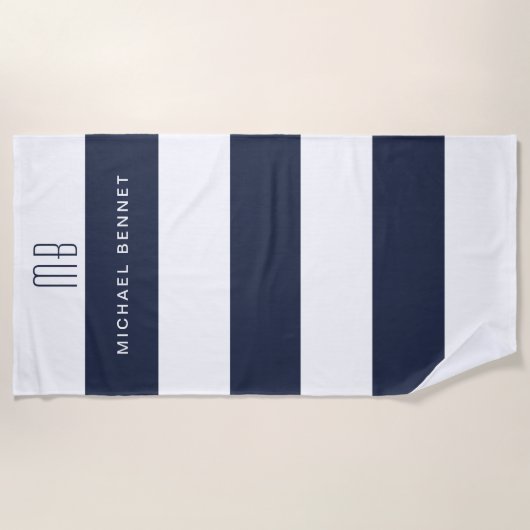 Modern Navy Blue Stripes Monogram Strandlaken (Voorkant)