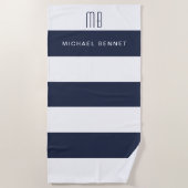 Modern Navy Blue Stripes Monogram Strandlaken (Voorkant)