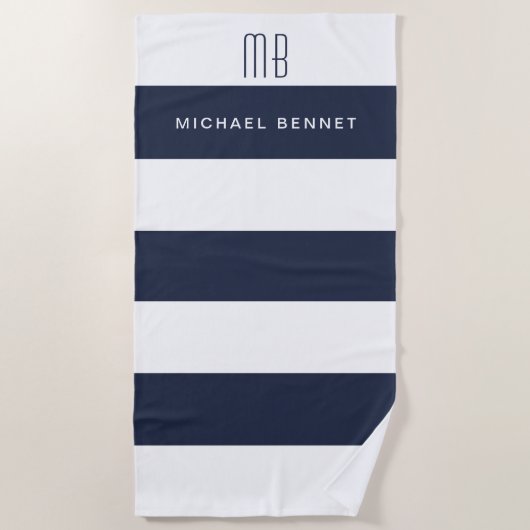 Modern Navy Blue Stripes Monogram Strandlaken (Voorkant)