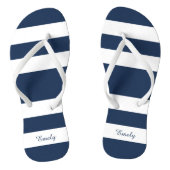 Modern Navy Blue Stripes Naam Teenslippers (Voetbed)