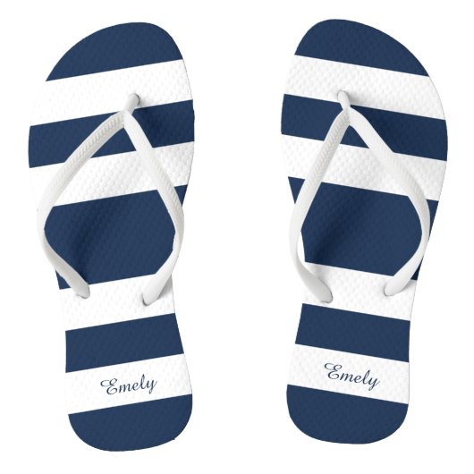 Modern Navy Blue Stripes Naam Teenslippers (Voetbed)