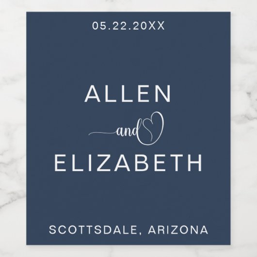 Modern Navy Blue Stylish Wedding Sparkling Wine Wijn Etiket (Enkel label)
