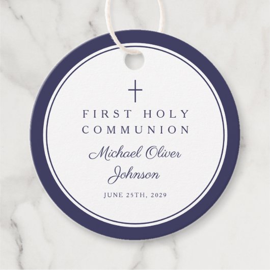 Modern Navy Blue Thank You Boy First Communion Bedankjes Labels (Voorkant)